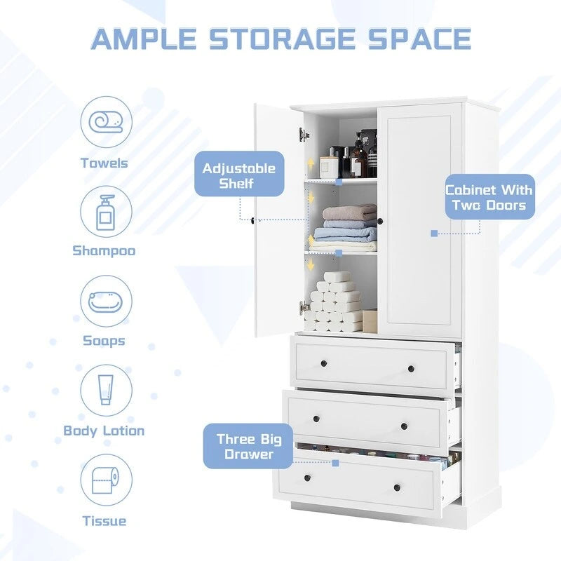 Freestanding Bathroom Cabinet with Doors & 3 Large Drawers, Adjustable Shelves