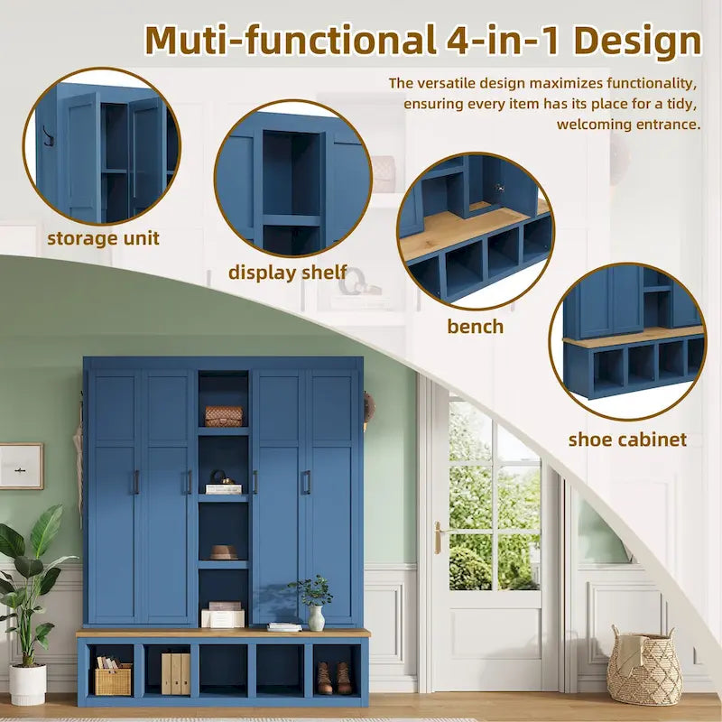 4-in-1 Hall Tree with 6 Hanging Hooks, Entryway Shoe Cabinet with Open Compartments, Wood Bench with Multiple Storage Space