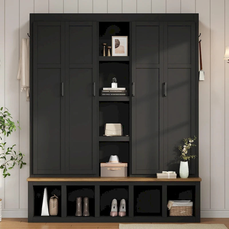 4-in-1 Hall Tree with 6 Hanging Hooks, Entryway Shoe Cabinet with Open Compartments, Wood Bench with Multiple Storage Space