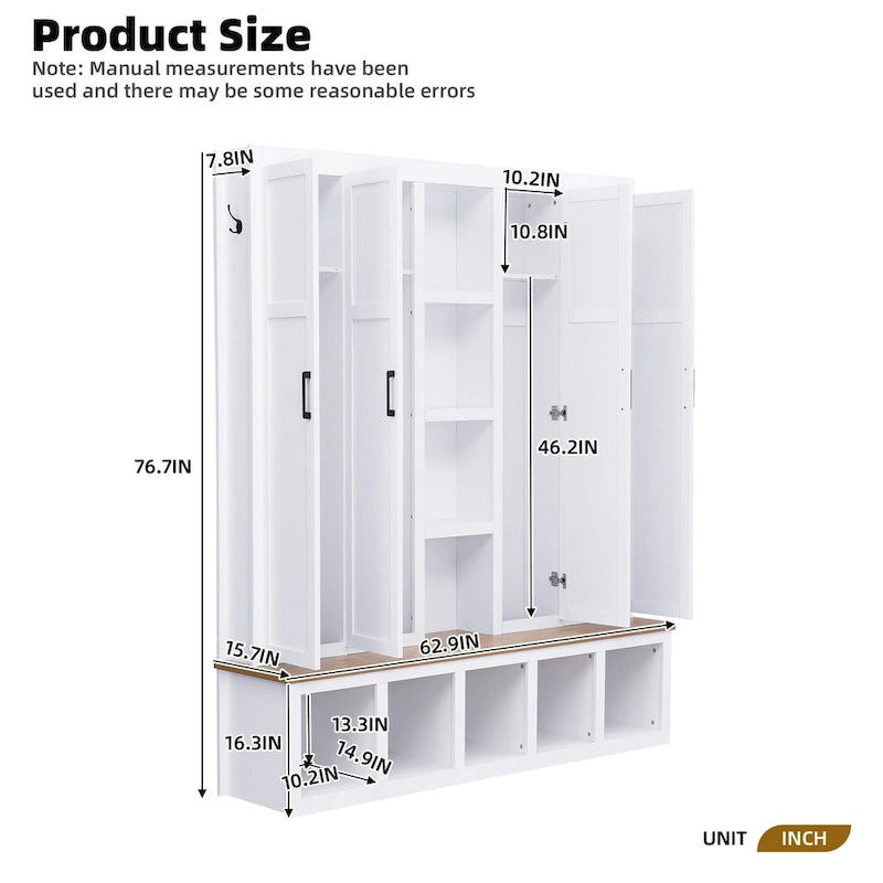 4-in-1 Hall Tree with 6 Hanging Hooks, Entryway Shoe Cabinet with Open Compartments, Wood Bench with Multiple Storage Space