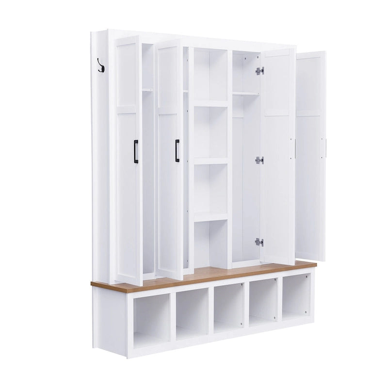 4-in-1 Hall Tree with 6 Hanging Hooks, Entryway Shoe Cabinet with Open Compartments, Wood Bench with Multiple Storage Space