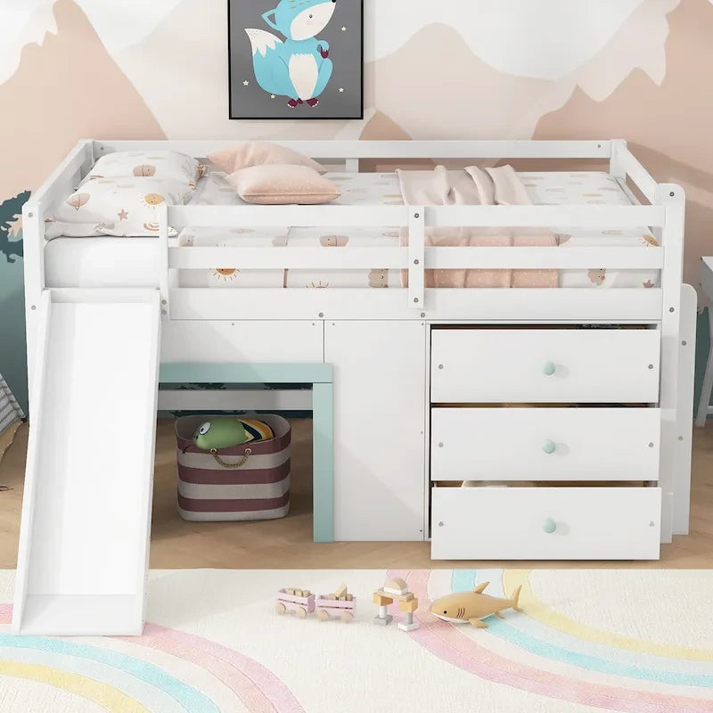 Full Size Low Loft Bed with Slide,Three Storage Drawers and 2 Doors, White