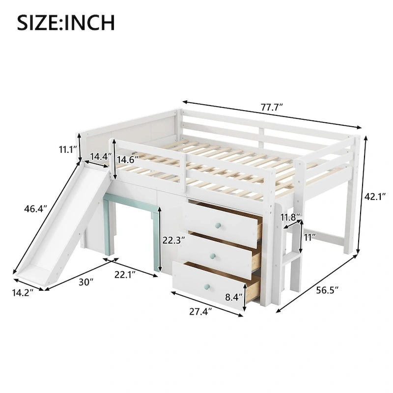 Full Size Low Loft Bed with Slide,Three Storage Drawers and 2 Doors, White