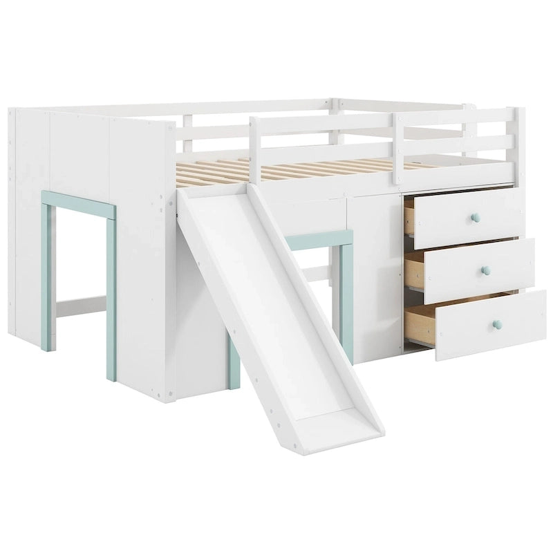 Full Size Low Loft Bed with Slide,Three Storage Drawers and 2 Doors, White