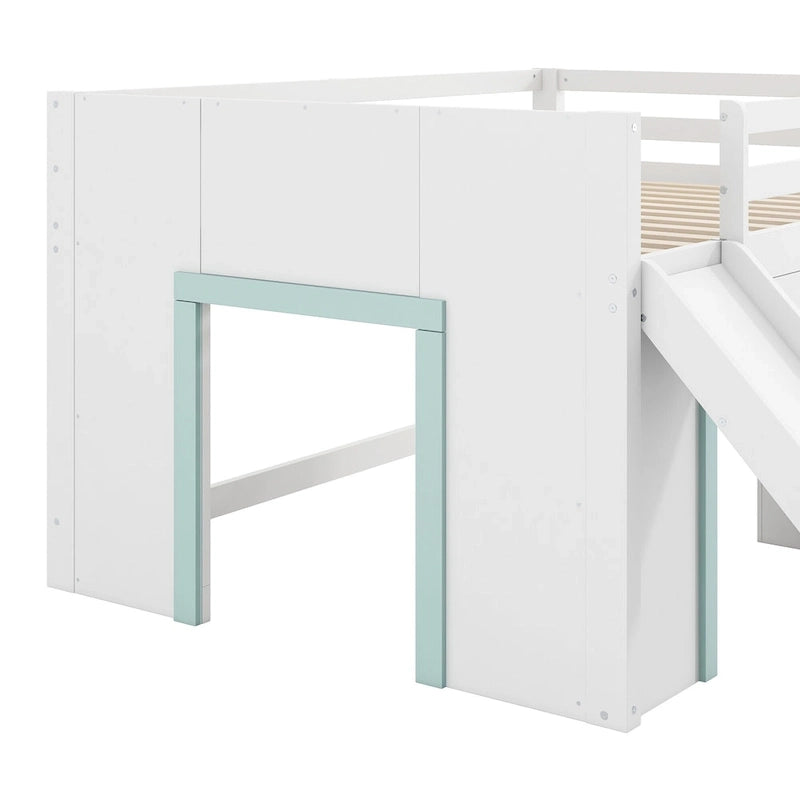 Full Size Low Loft Bed with Slide,Three Storage Drawers and 2 Doors, White
