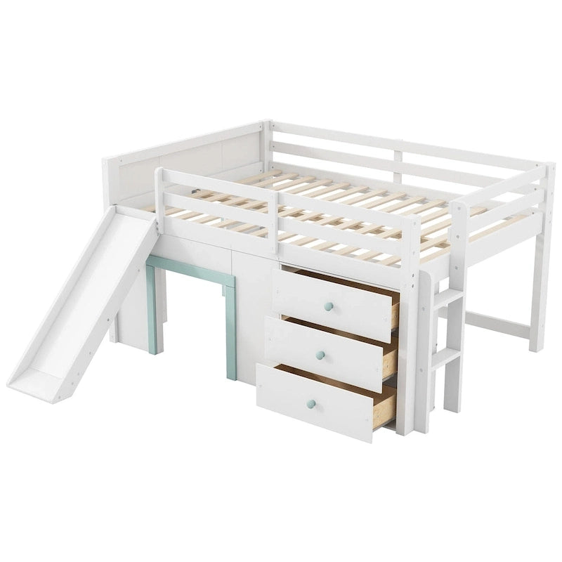 Full Size Low Loft Bed with Slide,Three Storage Drawers and 2 Doors, White