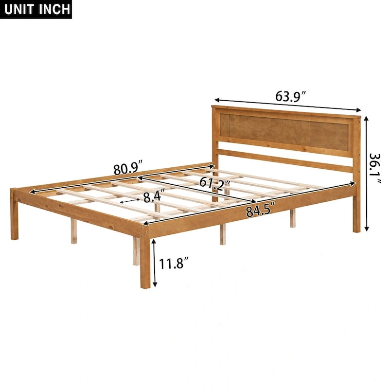 Pine Wooden Platform Bed with Headboard and Wood Slat Support for Bedroom