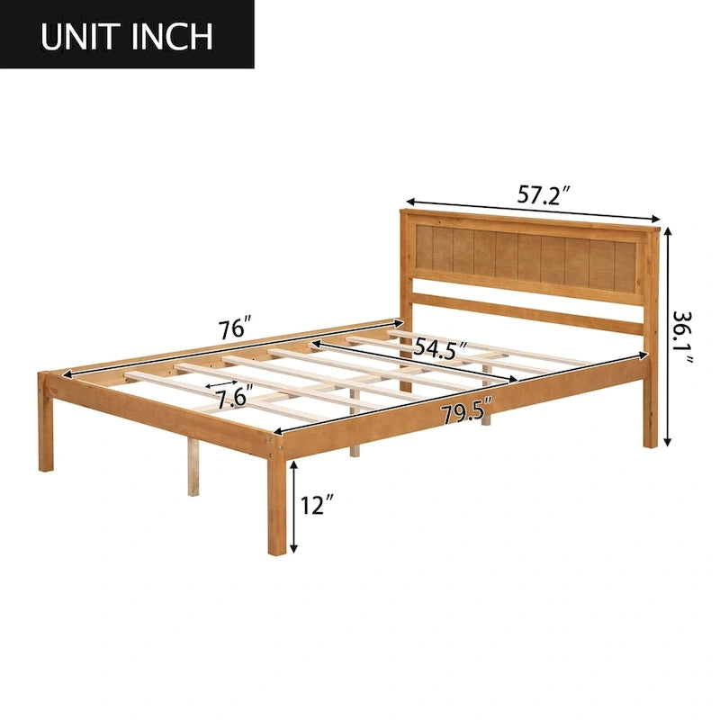 Pine Wooden Platform Bed with Headboard and Wood Slat Support for Bedroom