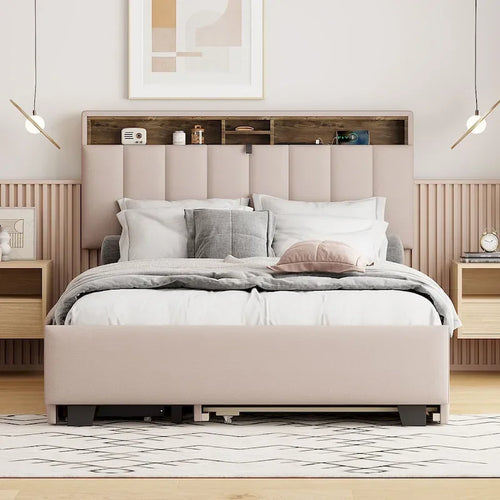 Lit plateforme rembourré pleine grandeur beige avec tête de lit de rangement, lit gigogne double XL et 2 tiroirs