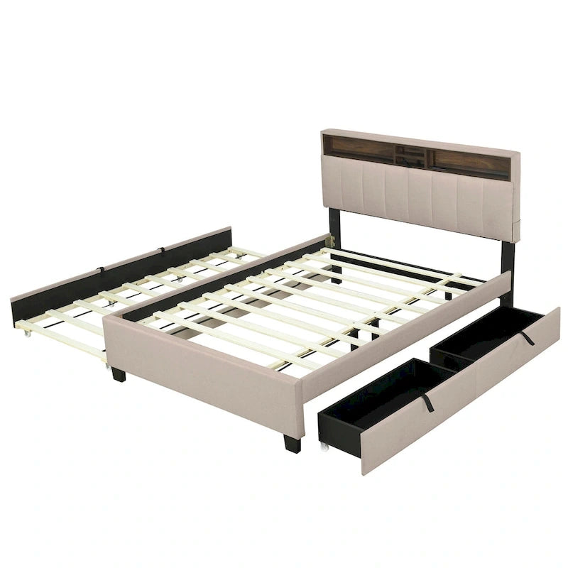Beige Full Size Upholstered Platform Bed with Storage Headboard,Twin XL Size Trundle and 2 drawers