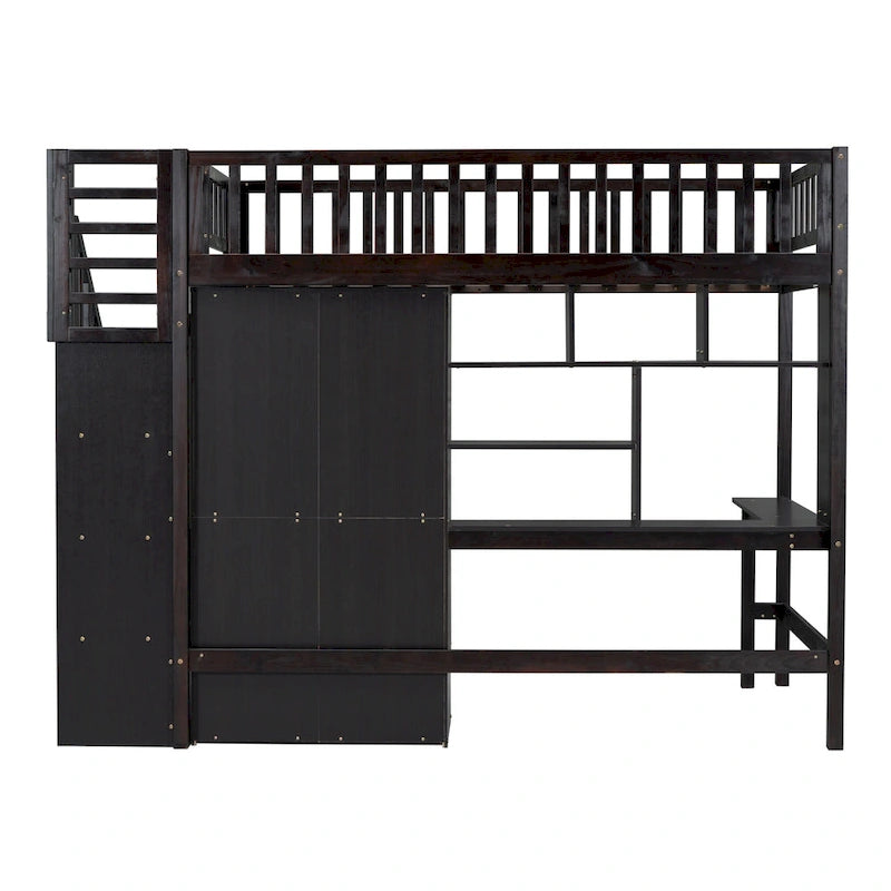 Twin Pine Loft Bed with Bookshelf, Drawers, Desk, Wardrobe, and Stairs
