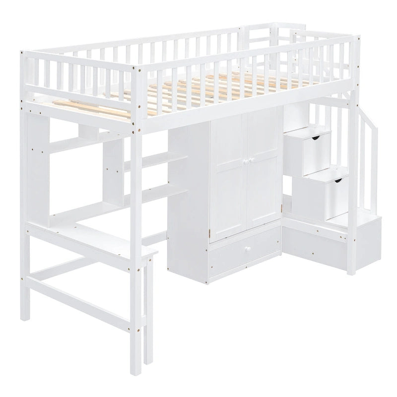 Twin Pine Loft Bed with Bookshelf, Drawers, Desk, Wardrobe, and Stairs
