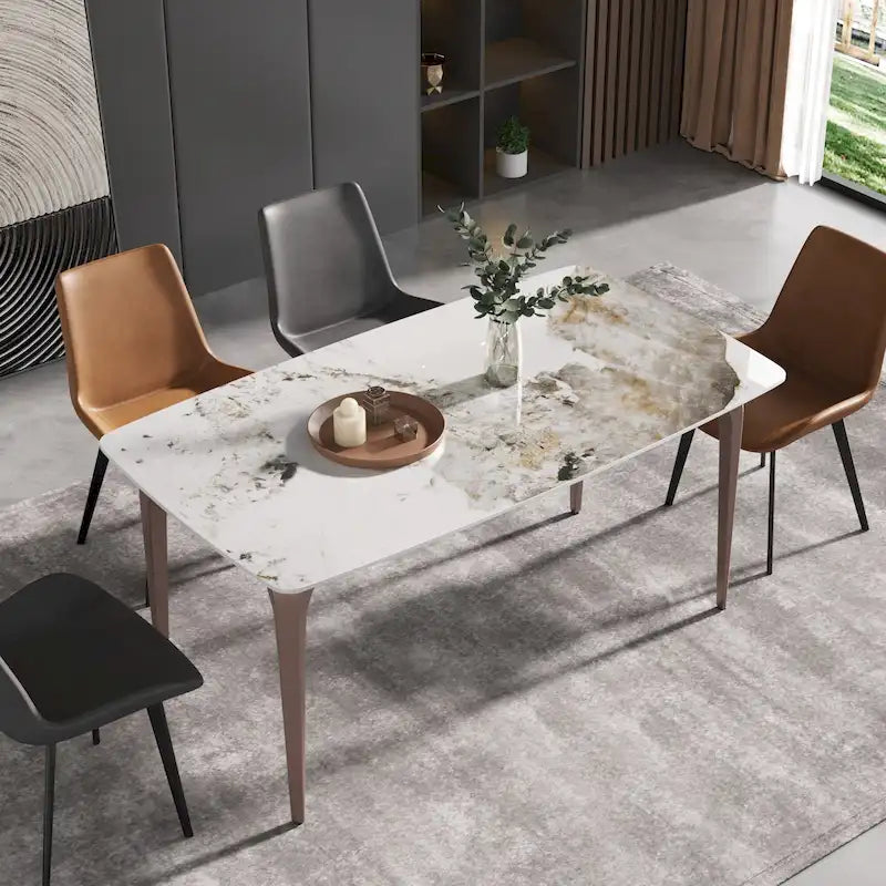 Table à manger moderne en ardoise avec plateau en pierre frittée et pieds en métal