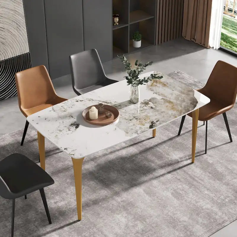 Table à manger moderne en ardoise avec plateau en pierre frittée et pieds en métal