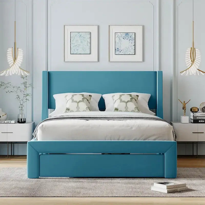 Full Size Storage Bed Velvet Upholstered with a Big Drawer