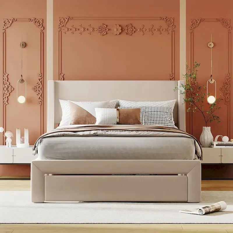 Full Size Storage Bed Velvet Upholstered with a Big Drawer