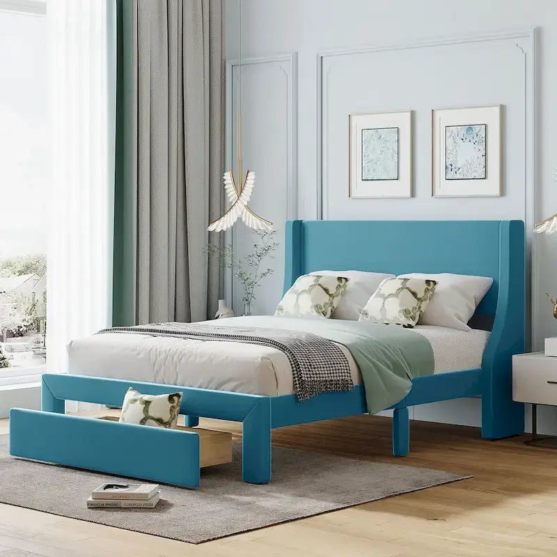 Full Size Storage Bed Velvet Upholstered with a Big Drawer