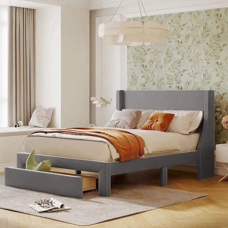 Full Size Storage Bed Velvet Upholstered with a Big Drawer