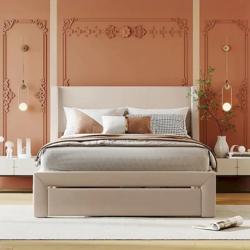 Full Size Storage Bed Velvet Upholstered with a Big Drawer