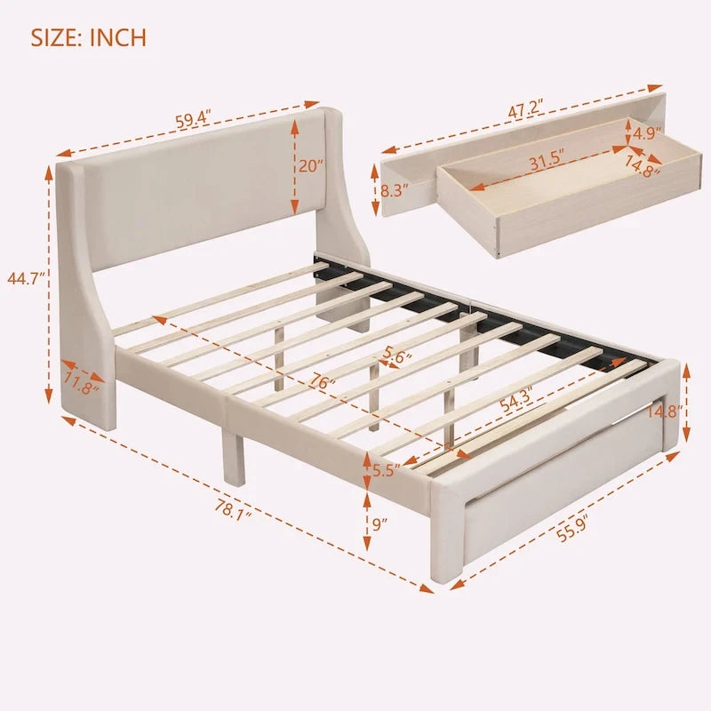 Full Size Storage Bed Velvet Upholstered with a Big Drawer