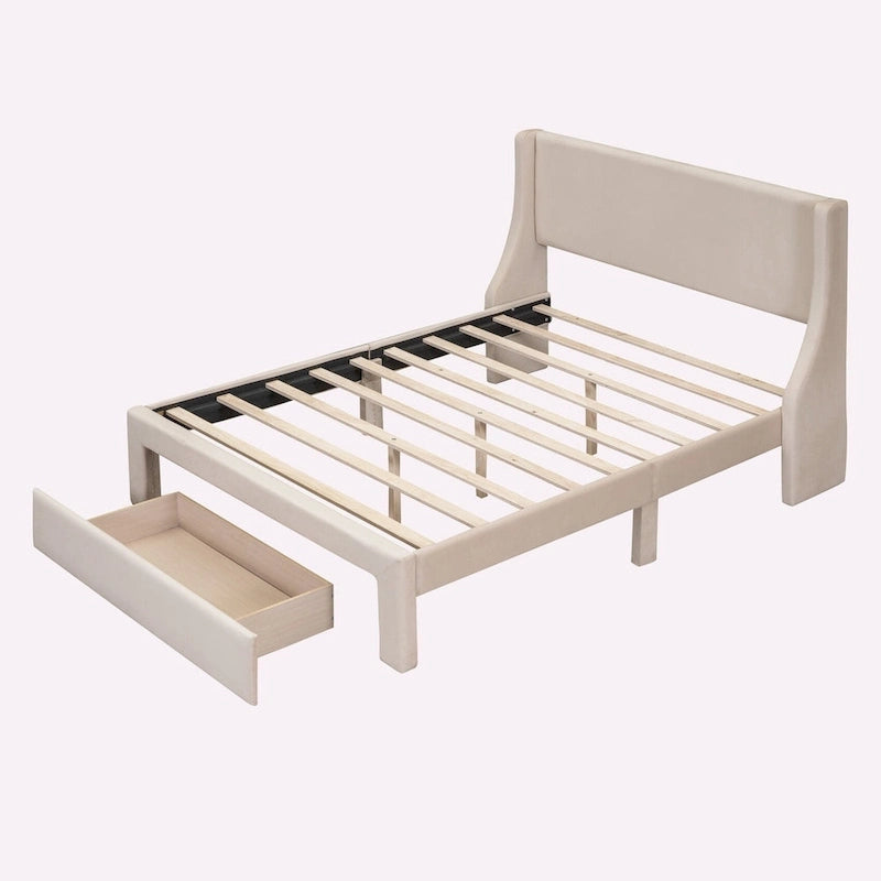 Full Size Storage Bed Velvet Upholstered with a Big Drawer