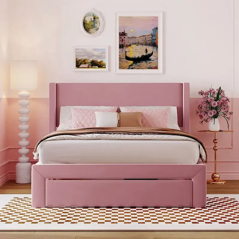 Full Size Storage Bed Velvet Upholstered with a Big Drawer