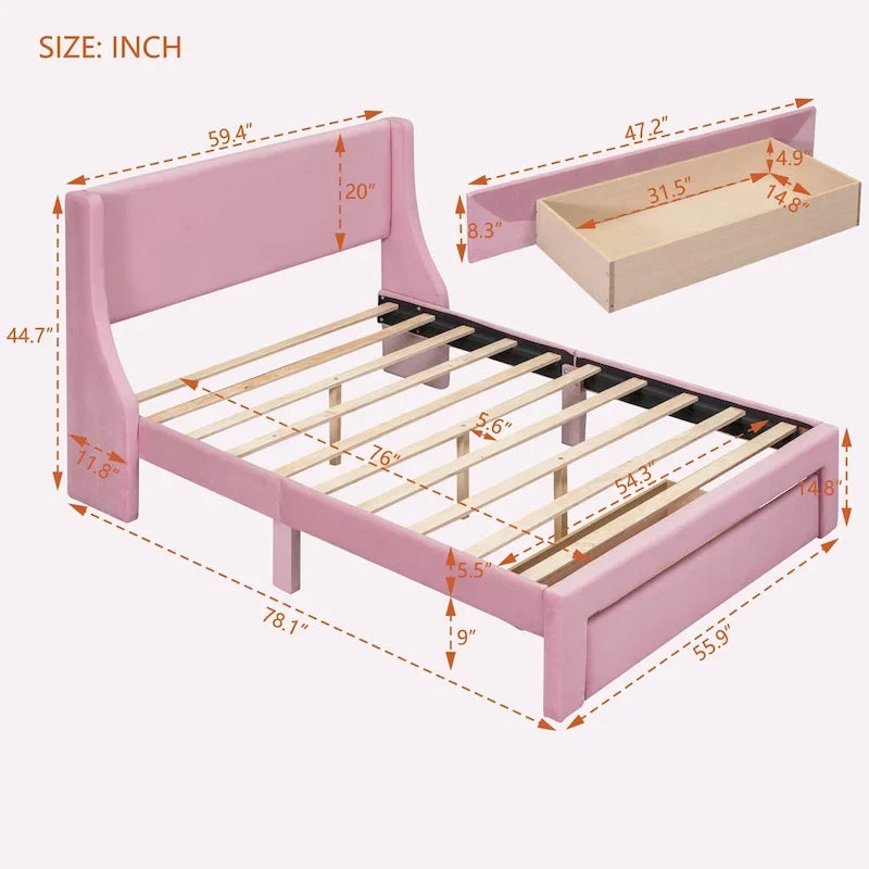 Full Size Storage Bed Velvet Upholstered with a Big Drawer
