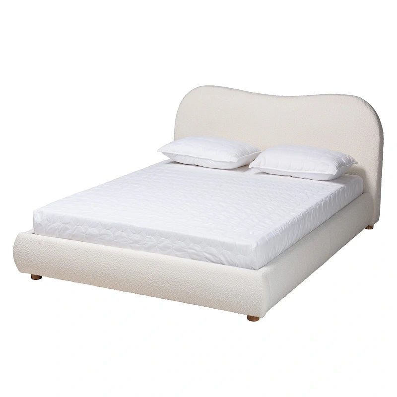 Maya Mid-Century Modern Cream Boucle Fabric and Oak Brown Finished Wood Queen Size Platform Bed