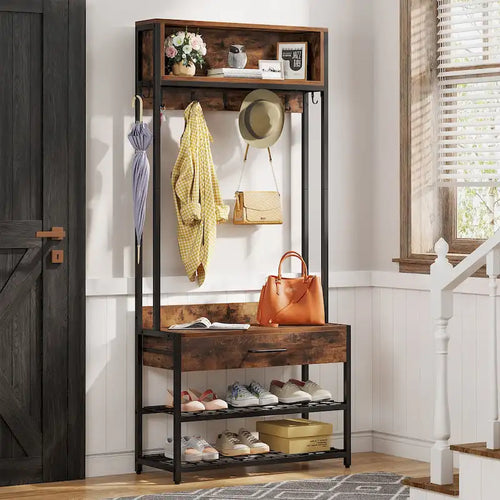 3-in-1 Rustic Brown Industrial Hall Tree with Shoe Bench and Hutch