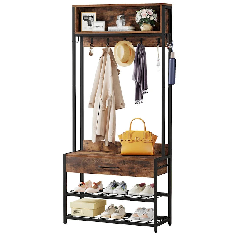 3-in-1 Rustic Brown Industrial Hall Tree with Shoe Bench and Hutch