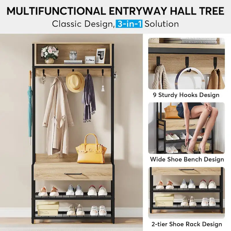 3-in-1 Rustic Brown Industrial Hall Tree with Shoe Bench and Hutch