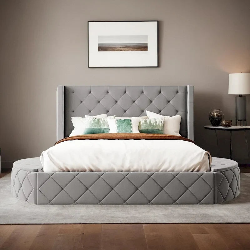 Lit plateforme rembourré grand lit avec rangement en velours avec tête de lit à oreilles et 1 grand tiroir, 2 tabourets de rangement latéraux