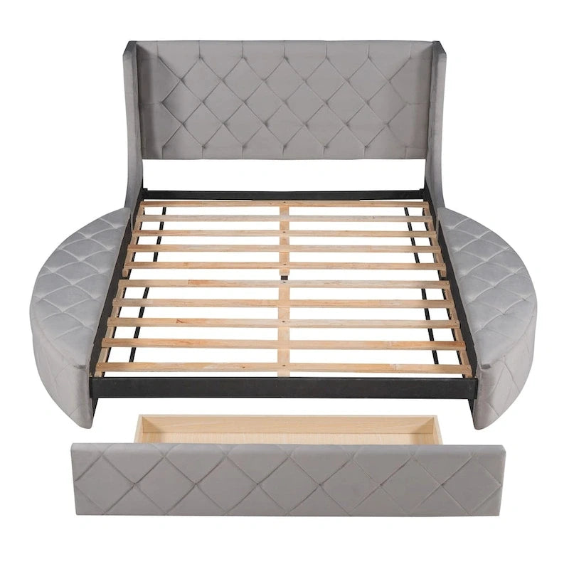 Upholstered Platform Bed Queen Size Storage Velvet Bed with Wingback Headboard and 1 Big Drawer,2 Side Storage Stool