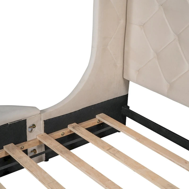 Upholstered Platform Bed Queen Size Storage Velvet Bed with Wingback Headboard and 1 Big Drawer,2 Side Storage Stool