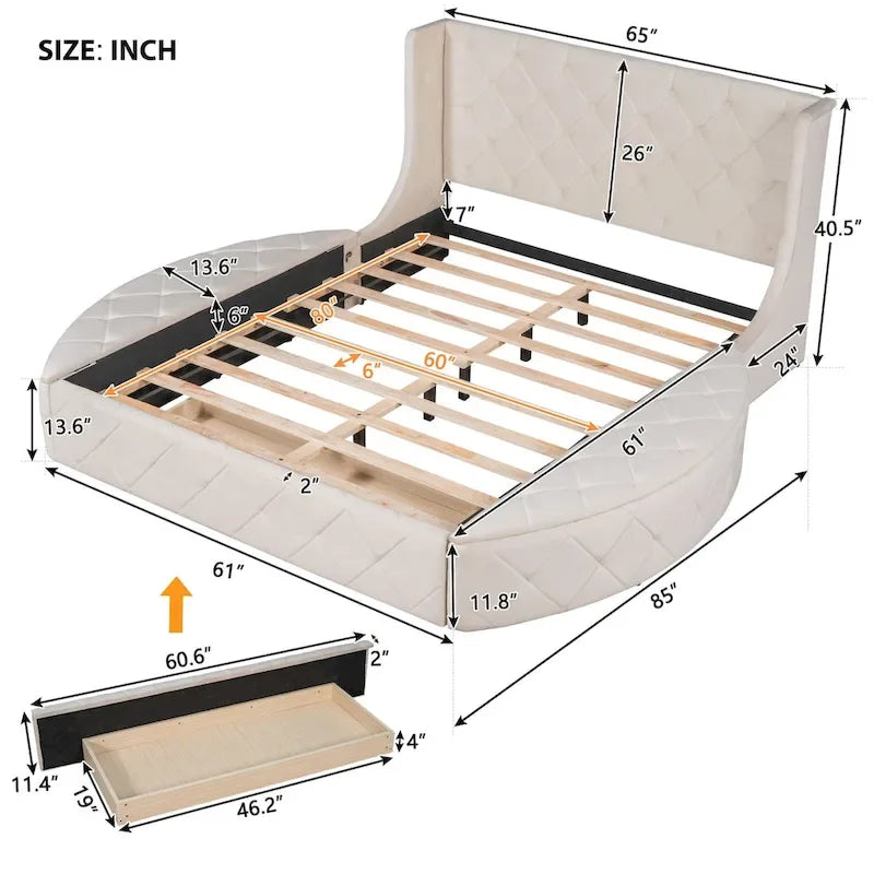 Upholstered Platform Bed Queen Size Storage Velvet Bed with Wingback Headboard and 1 Big Drawer,2 Side Storage Stool