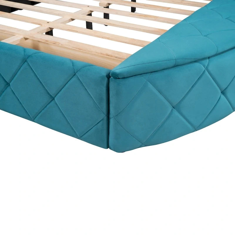 Upholstered Platform Bed Queen Size Storage Velvet Bed with Wingback Headboard and 1 Big Drawer,2 Side Storage Stool