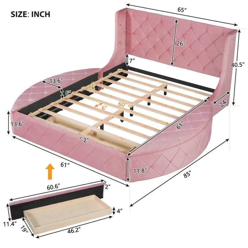 Upholstered Platform Bed Queen Size Storage Velvet Bed with Wingback Headboard and 1 Big Drawer,2 Side Storage Stool
