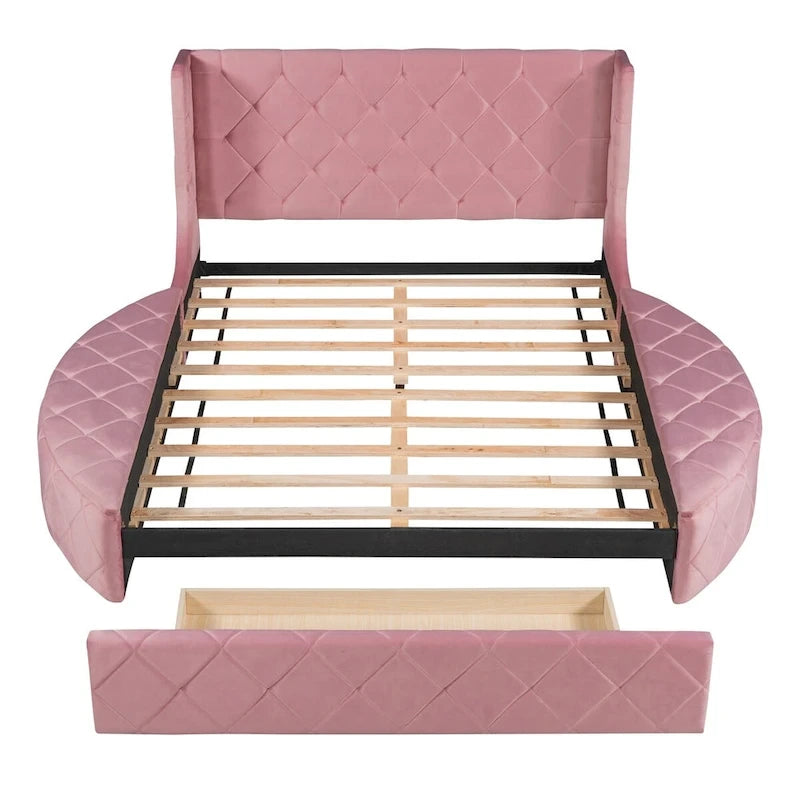 Upholstered Platform Bed Queen Size Storage Velvet Bed with Wingback Headboard and 1 Big Drawer,2 Side Storage Stool
