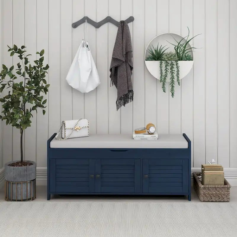 Storage Bench with 3 Shutter-shaped Doors, Shoe Bench with Removable Cushion and Hidden Storage Space
