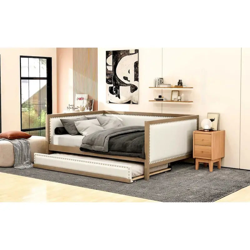 Full Size Upholstered Daybed with Trundle and Nailhead Decoration